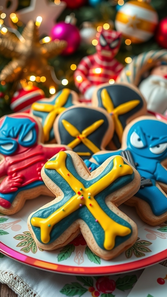 X-Men Christmas Cookie Recipe X-Men themed Christmas cookies decorated with icing and sprinkles on a festive plate.